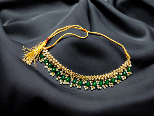 Handmade Kundan Choker - Green and White Drop Pearls