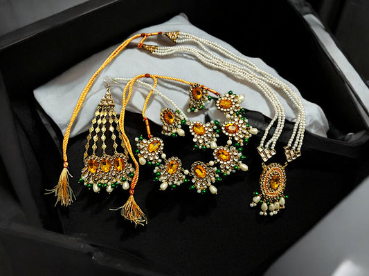 Bridal Kundan Mala Set - Green and Gold