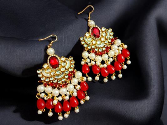 Kundan Earrings- Red drop Pearls