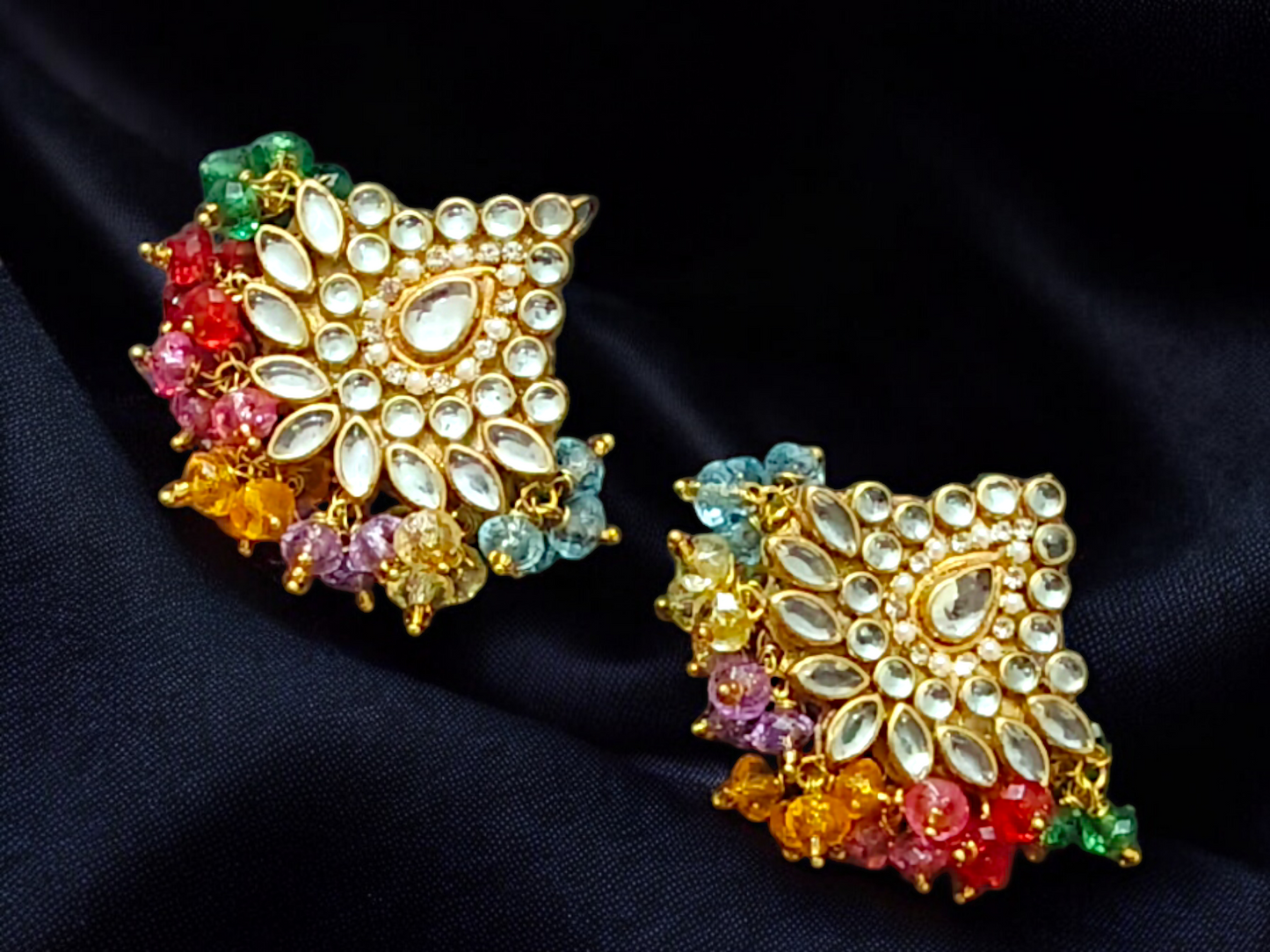 Handmade Kundan Earrings- Multi Crystal Beads